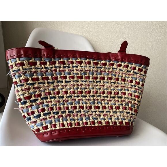 BRIGHTON Woven Red Leather Trim Tote Bag Heart Charm Paisley America RWB USA - Picture 11 of 16
